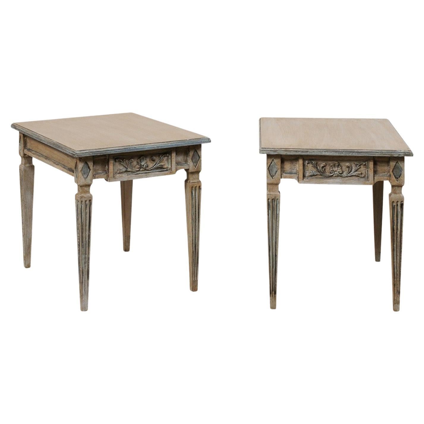 Italian Pair of Nicely Carved & Painted End Tables, Raised on Square Fluted Legs For Sale