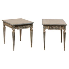 Italian Pair of Nicely Carved & Painted End Tables, Raised on Square Fluted Legs