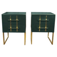 Italian Pair of Night Stands Dark Green Murano Glass with Brass Justfurnituress