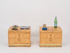 Italian Pair of Nightstands in Poplar Burl and Brass, Willy Rizzo, 1970s