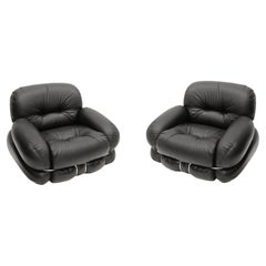 Vintage Italian Pair Of Okay Armchairs by Adriano Piazzesi with Black Leather and Steel 