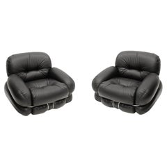 Italian Pair Of Okay Armchairs by Adriano Piazzesi with Black Leather and Steel