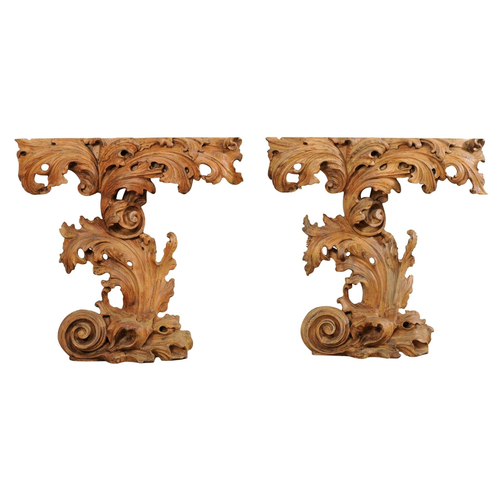 Italian Pair of Ornately-Carved Scrolling Acanthus Leaf "Skinny" Console Tables