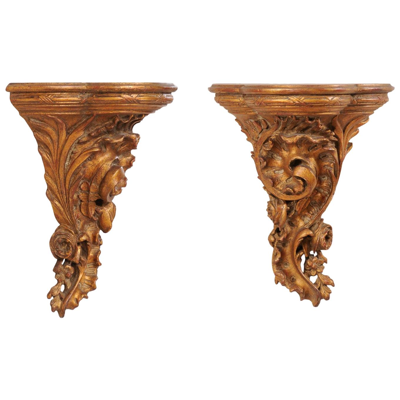 Italian Pair of Ornately-Carved Wood Shelves in Gold