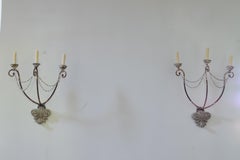 Italian Pair of Painted Iron & Carved Wood 3-Light Sconces, Early 19thc. & later
