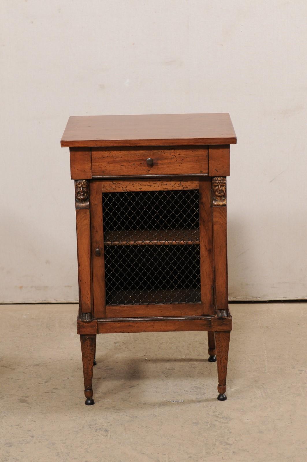 Wood Italian Pair of Petite Walnut Side Cabinets w/ Wire Front Doors, 19th Century