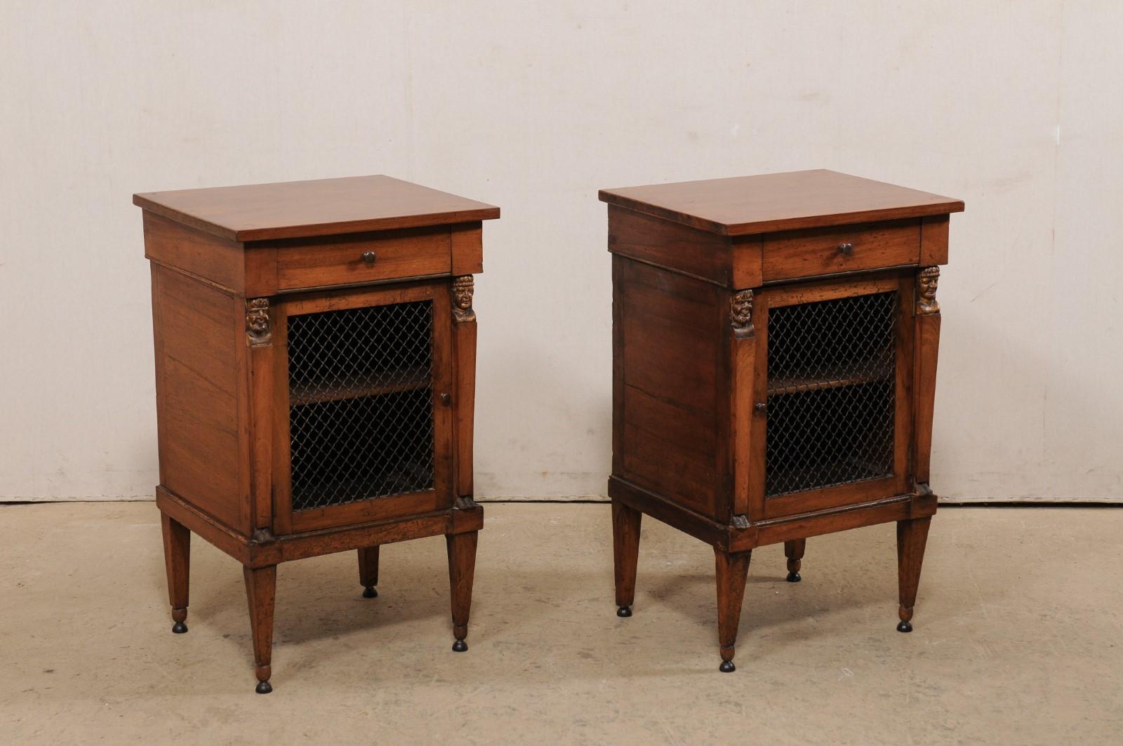 Italian Pair of Petite Walnut Side Cabinets w/ Wire Front Doors, 19th Century 1