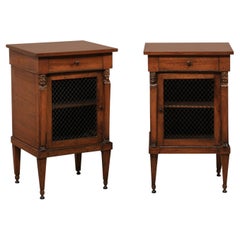 Italian Pair of Petite Walnut Side Cabinets w/ Wire Front Doors, 19th Century