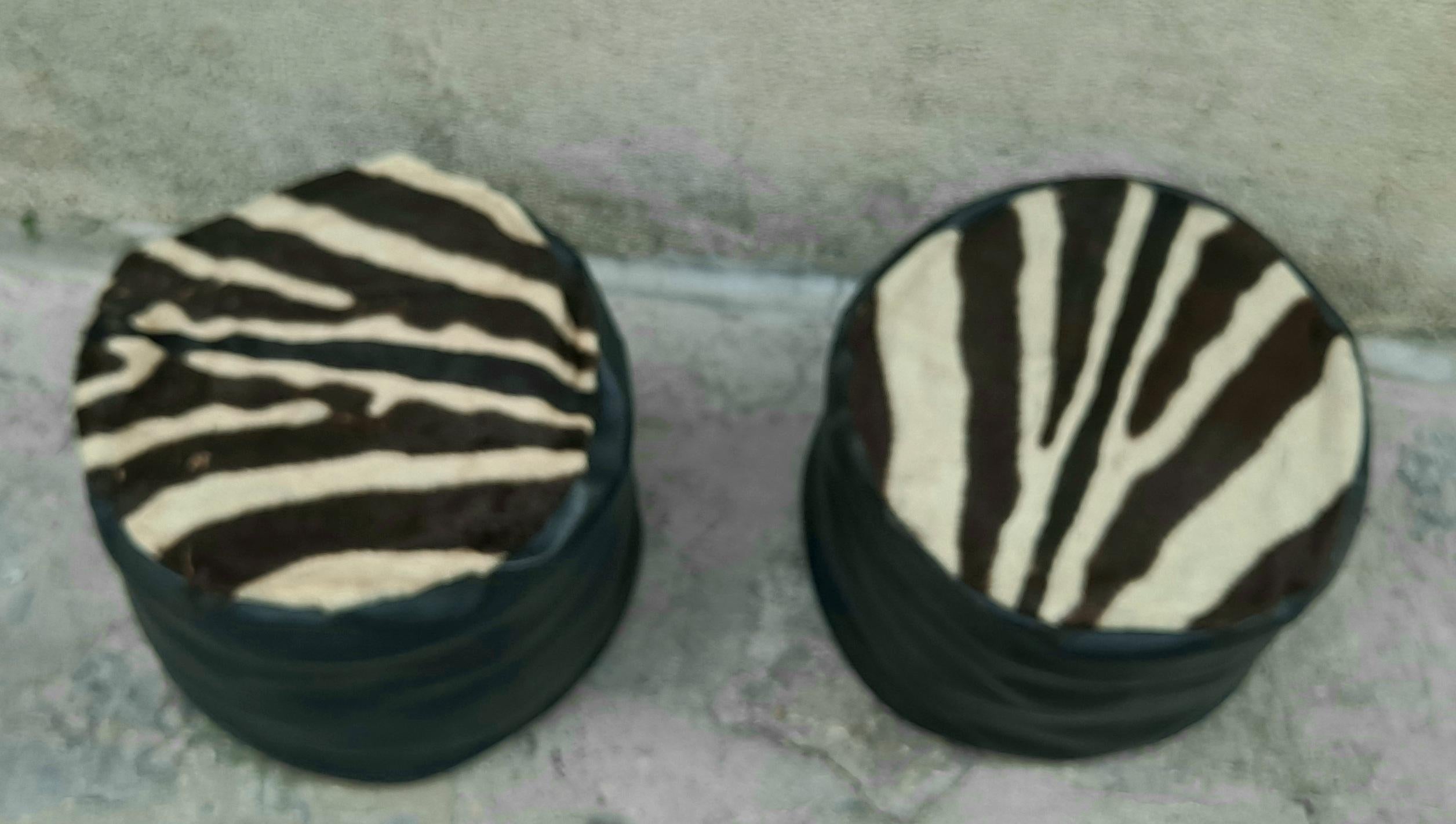 Mid-Century Modern Italian Pair of Poufs Upholstered in Zebra Genuine Hide For Sale