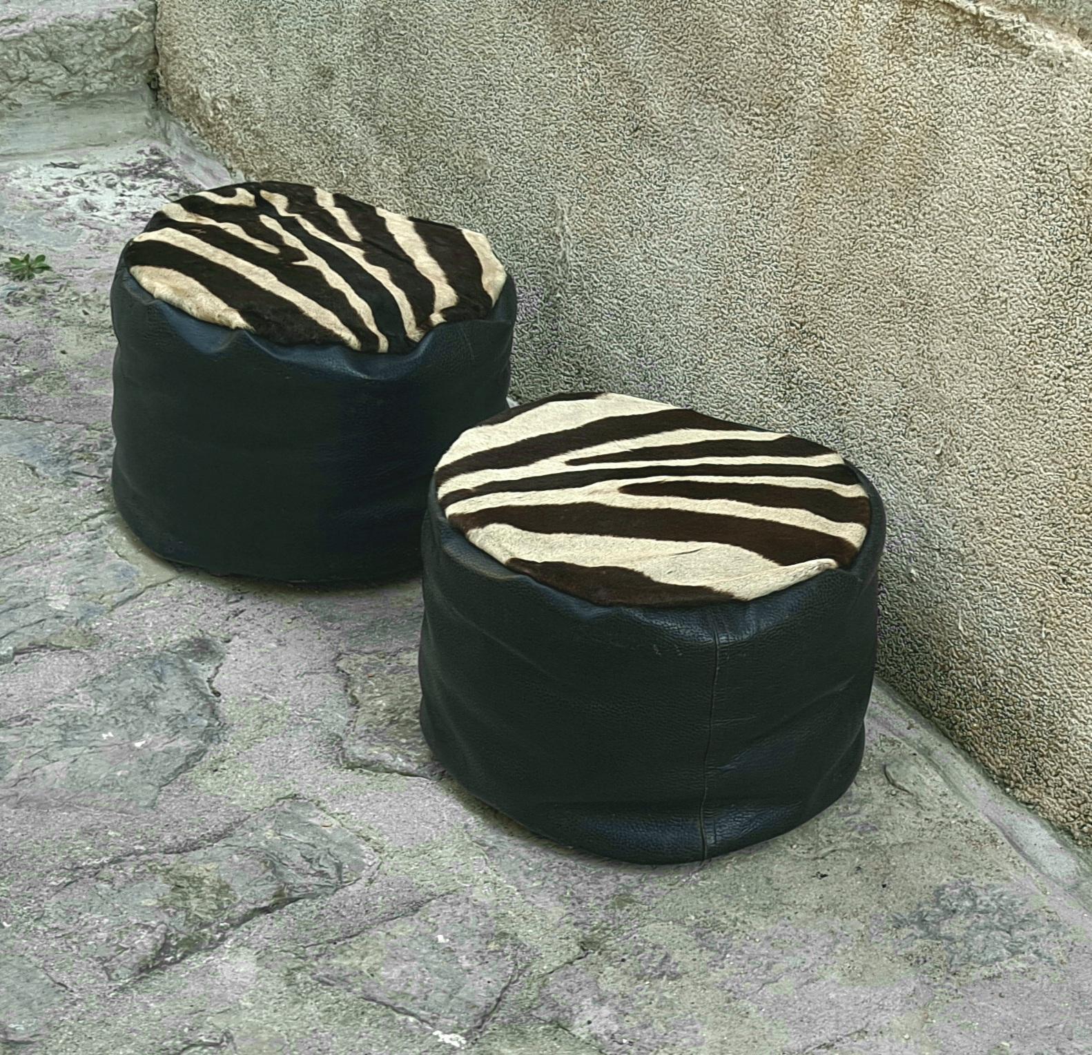 Italian Pair of Poufs Upholstered in Zebra Genuine Hide In Good Condition For Sale In Los Angeles, CA