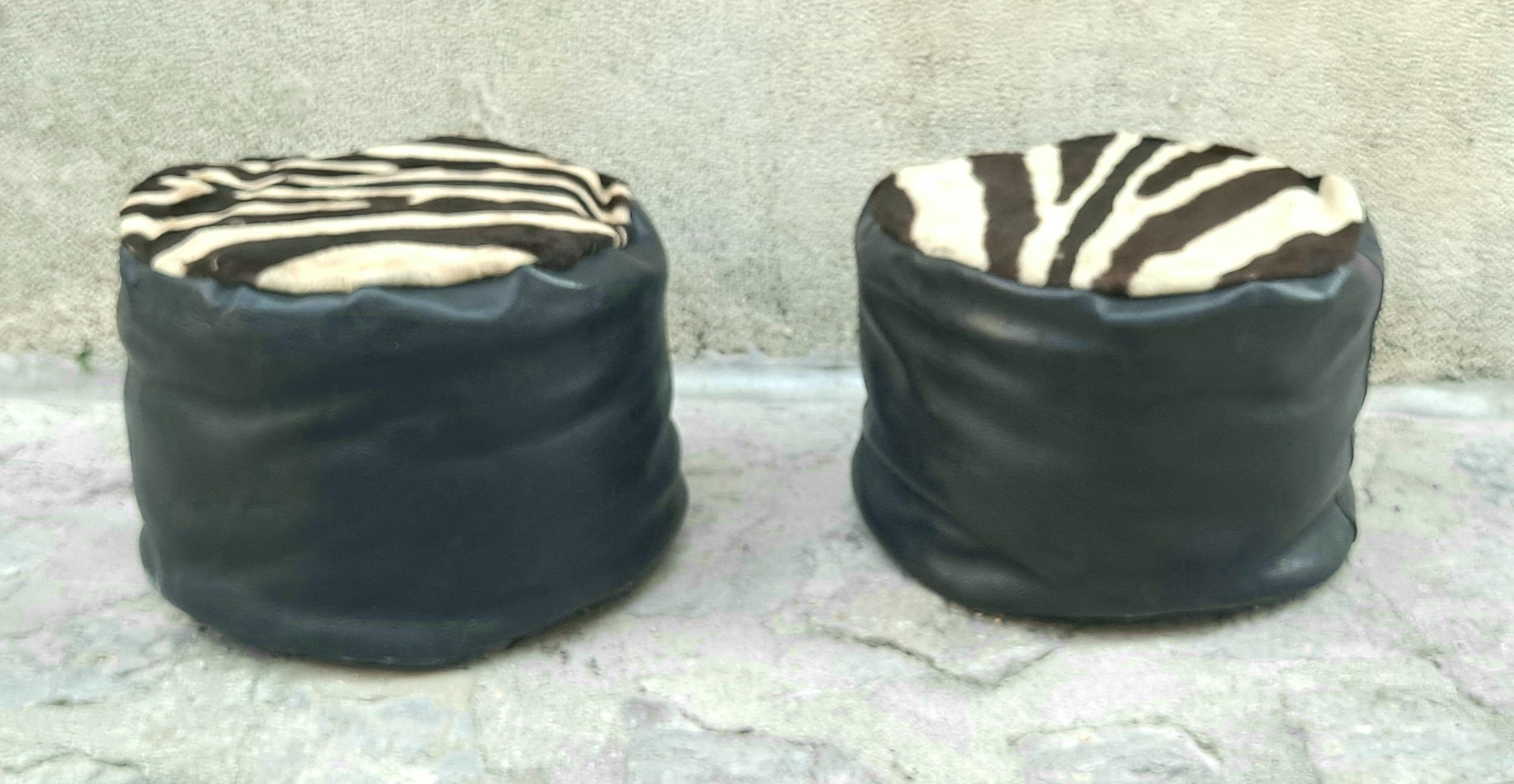 Late 20th Century Italian Pair of Poufs Upholstered in Zebra Genuine Hide For Sale
