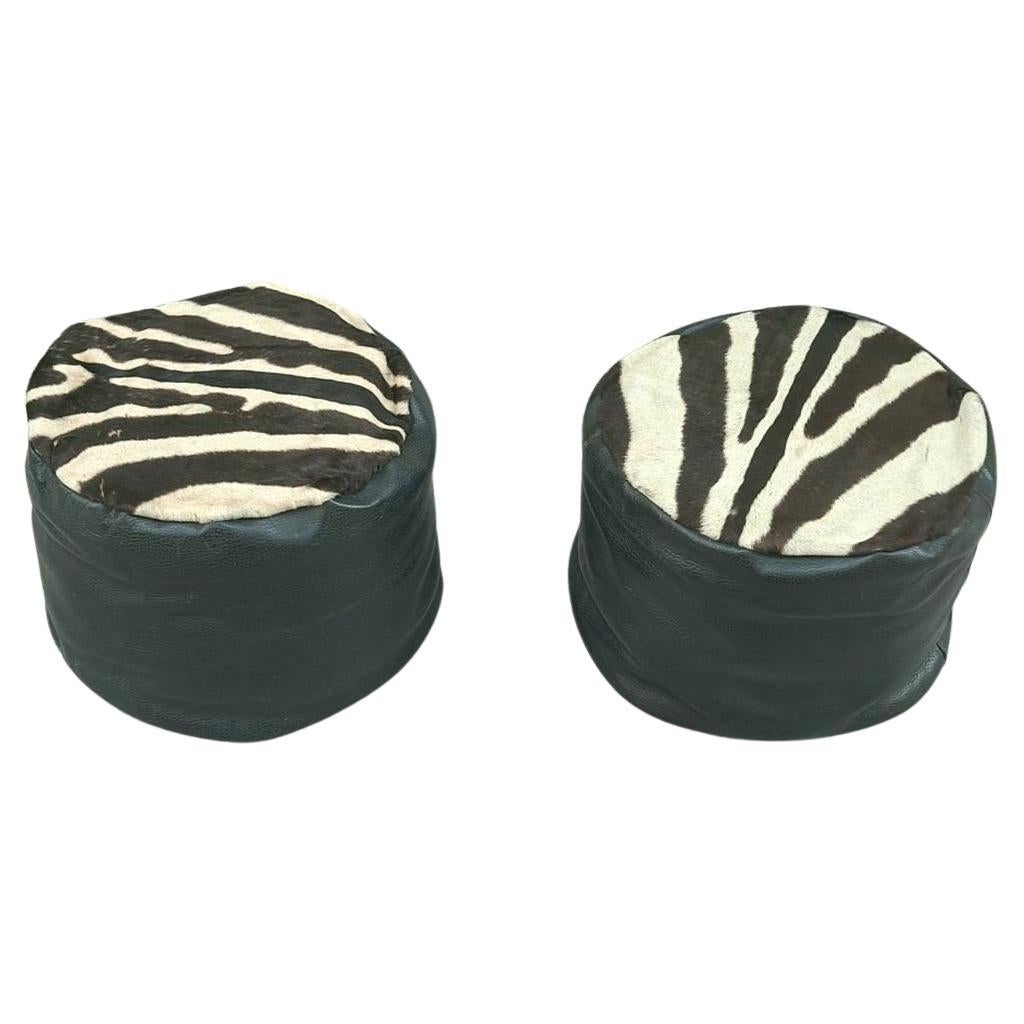 Italian Pair of Poufs Upholstered in Zebra Genuine Hide For Sale