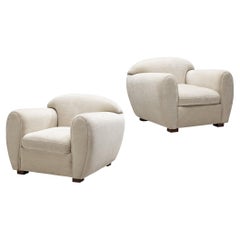 Italian Pair of Reupholstered Art Deco Lounge Chairs in Off-White Chenille