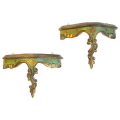 Italian Pair of Rococo Style Polychrome Parcel-Gilt Carved Wood Wall Brackets