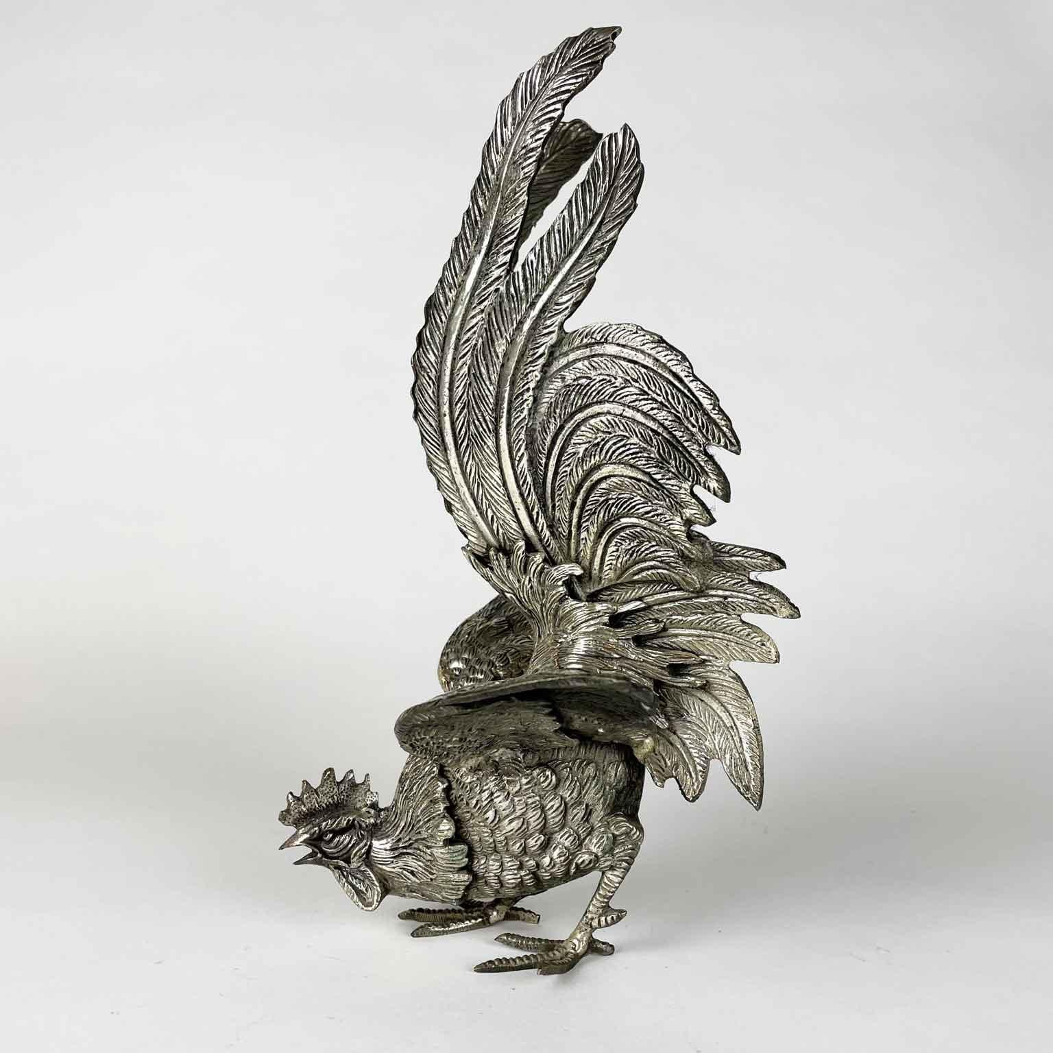 Italian Pair of Rooster Figures 20th Century Art Nouveau Animalier Sculptures For Sale 8