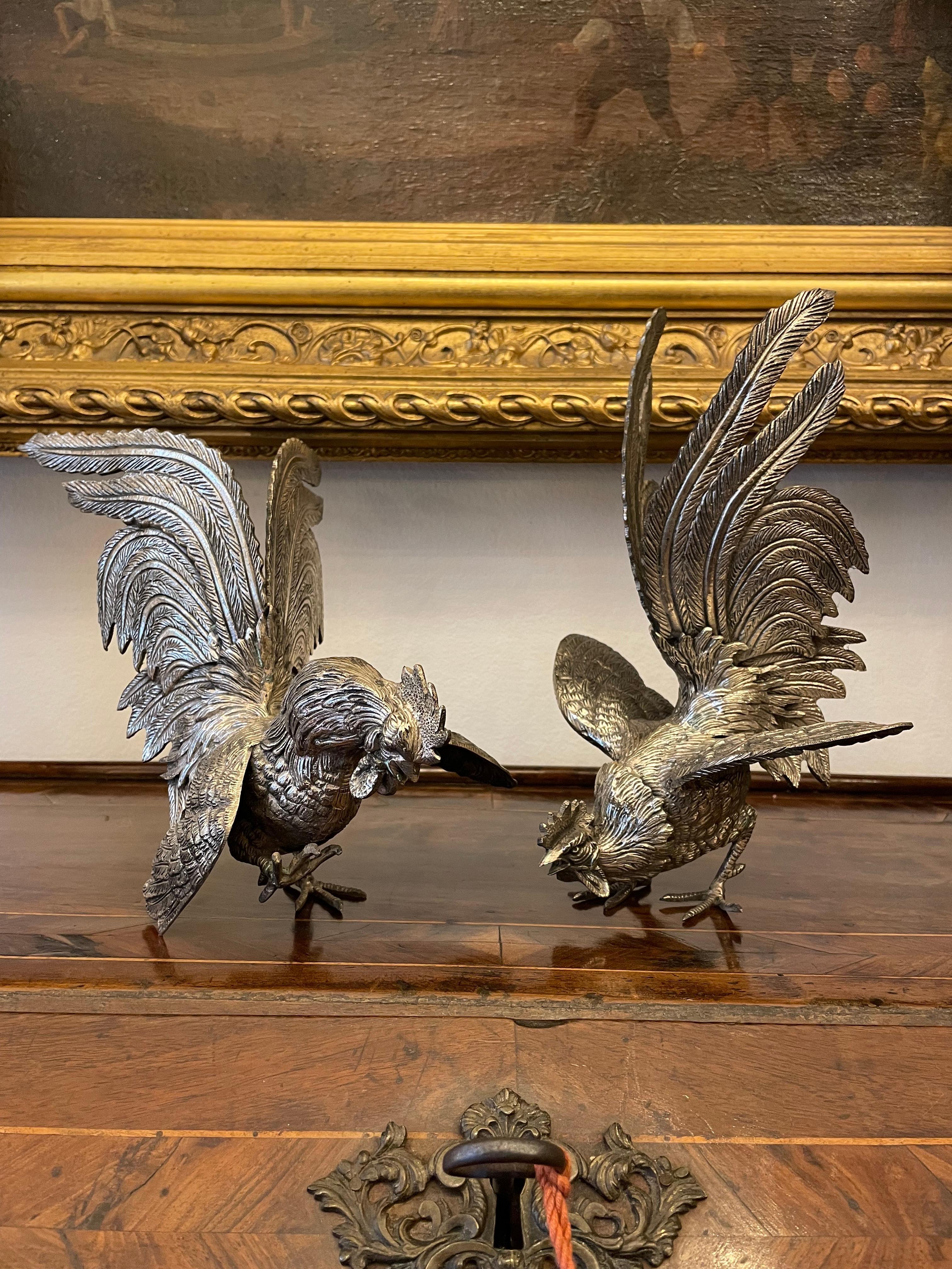 Italian Pair of Rooster Figures 20th Century Art Nouveau Animalier Sculptures For Sale 12