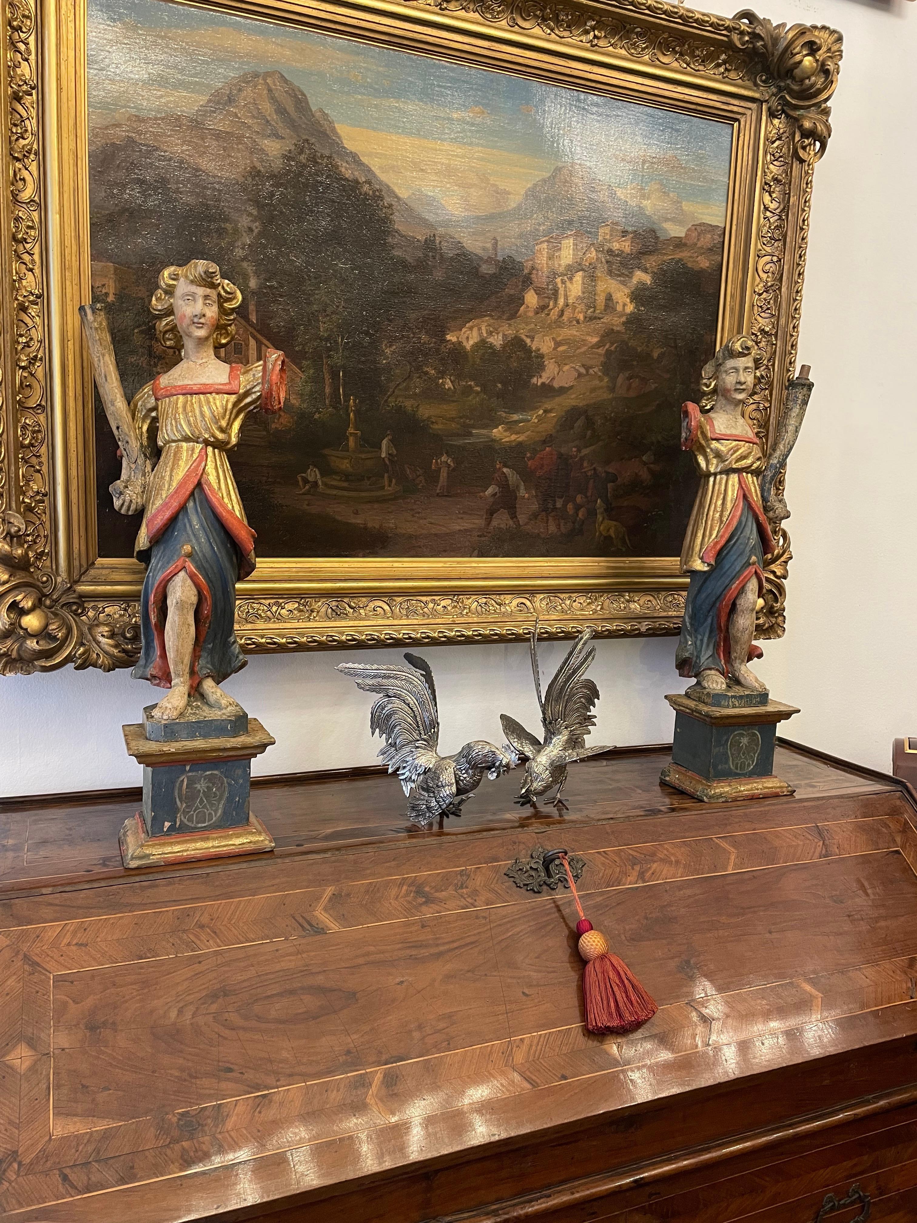 Italian Pair of Rooster Figures 20th Century Art Nouveau Animalier Sculptures For Sale 14