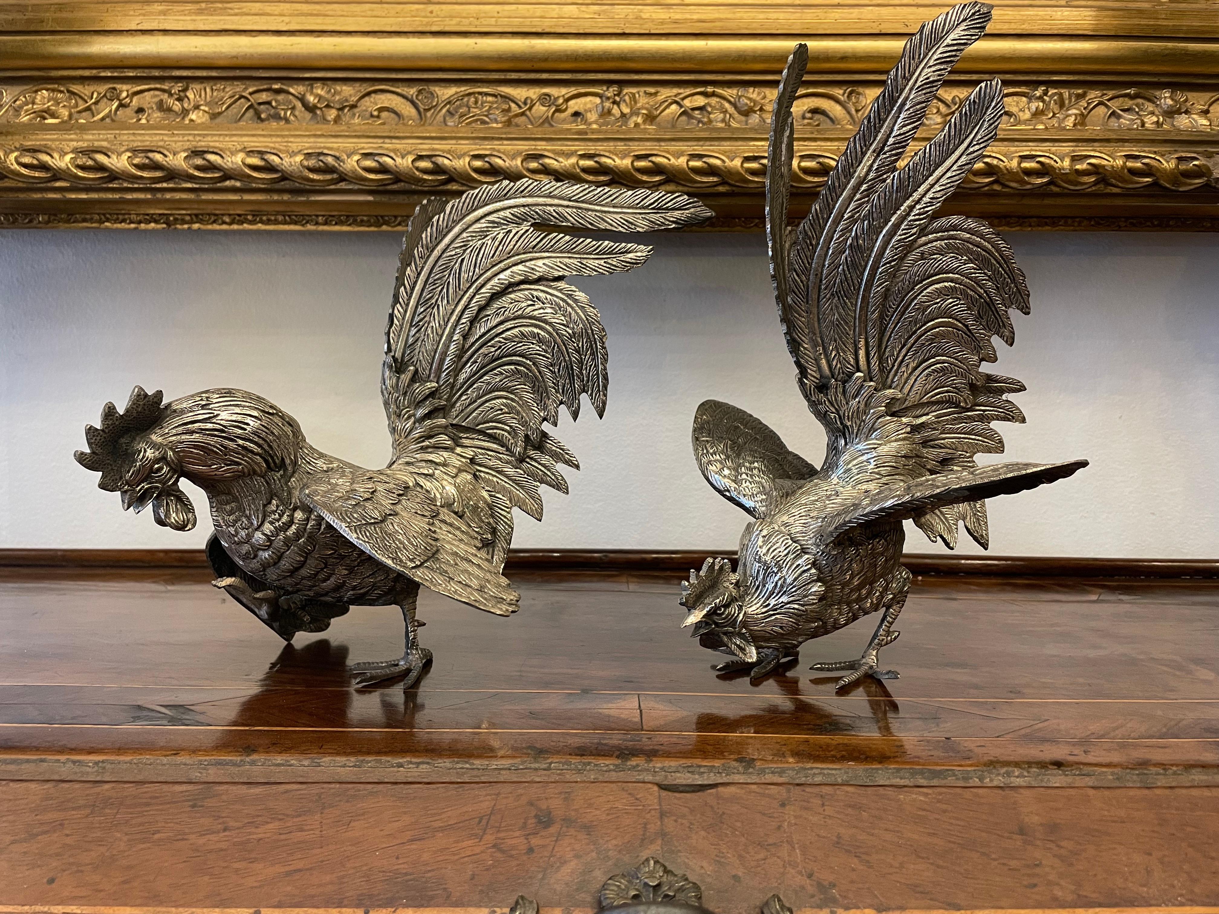 Italian Pair of Rooster Figures 20th Century Art Nouveau Animalier Sculptures For Sale 13