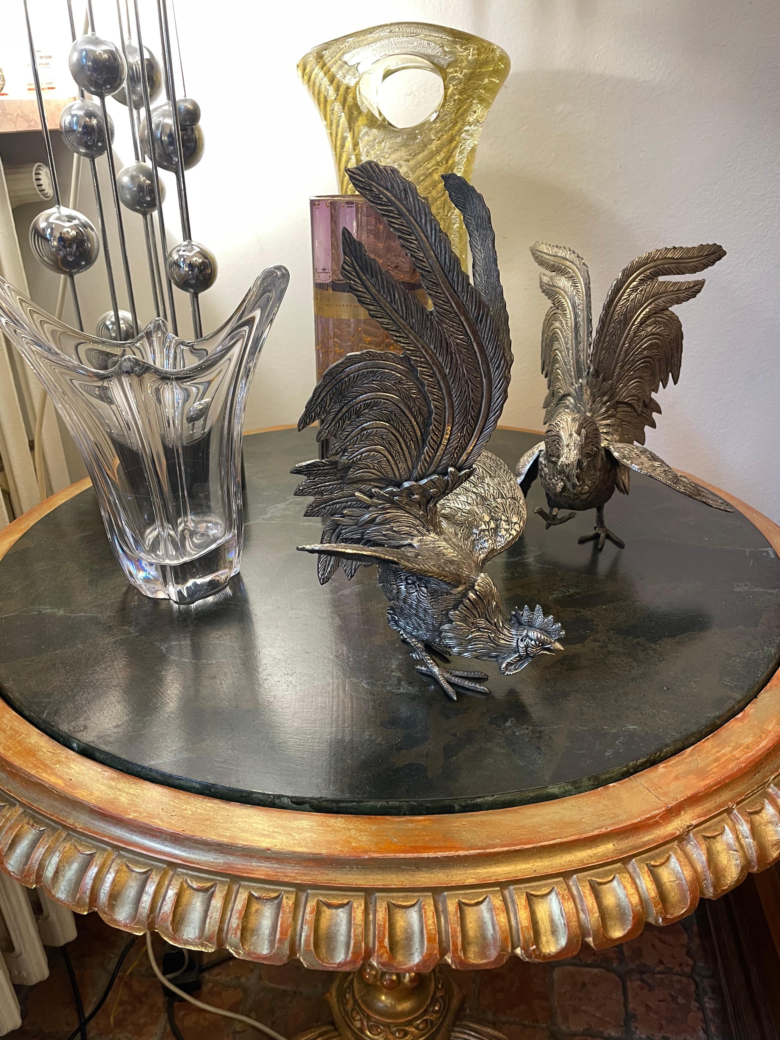 Italian Pair of Rooster Figures 20th Century Art Nouveau Animalier Sculptures For Sale 15