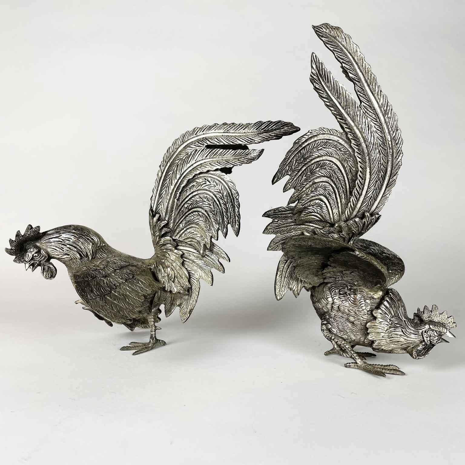 Cast Italian Pair of Rooster Figures 20th Century Art Nouveau Animalier Sculptures For Sale