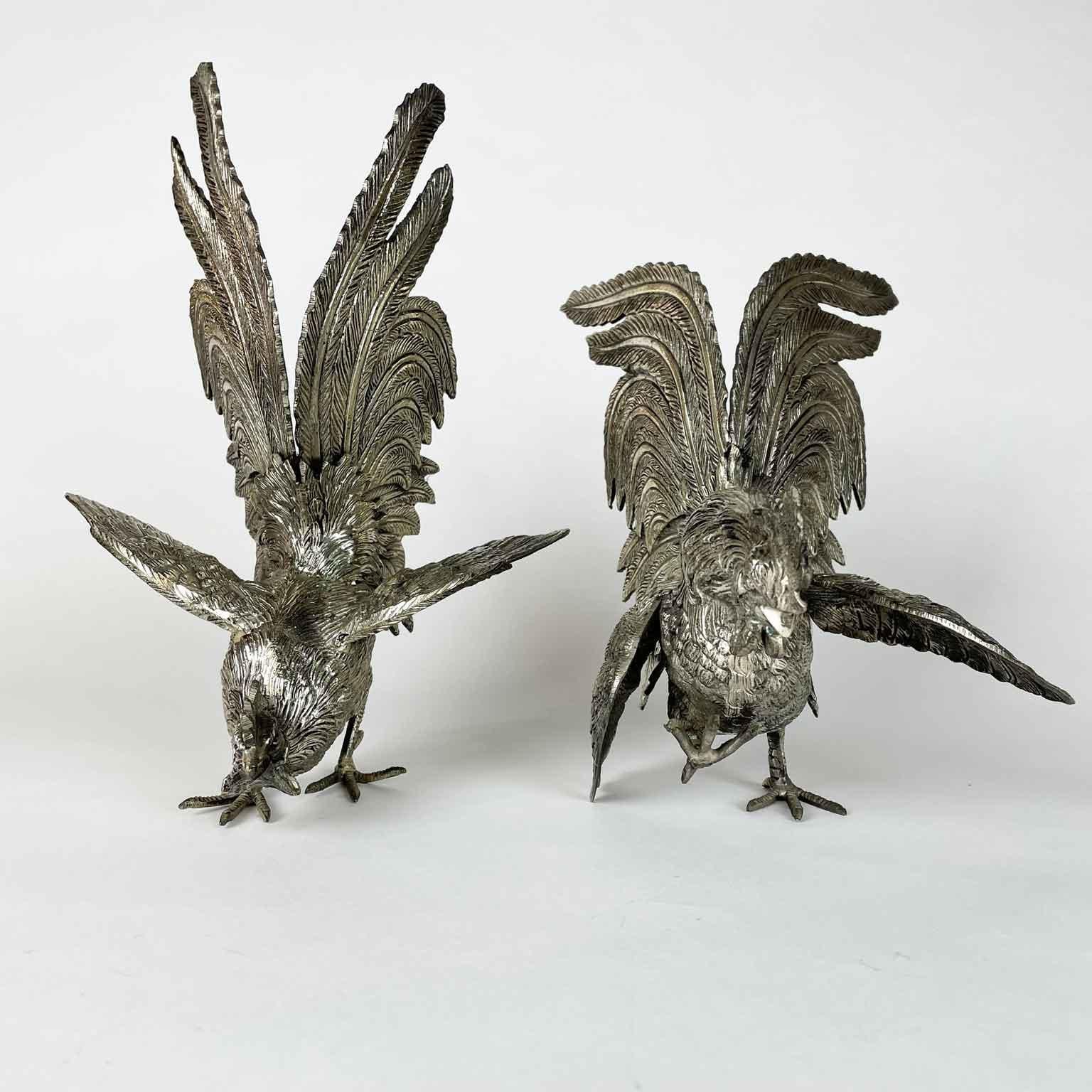 Bronze Italian Pair of Rooster Figures 20th Century Art Nouveau Animalier Sculptures For Sale