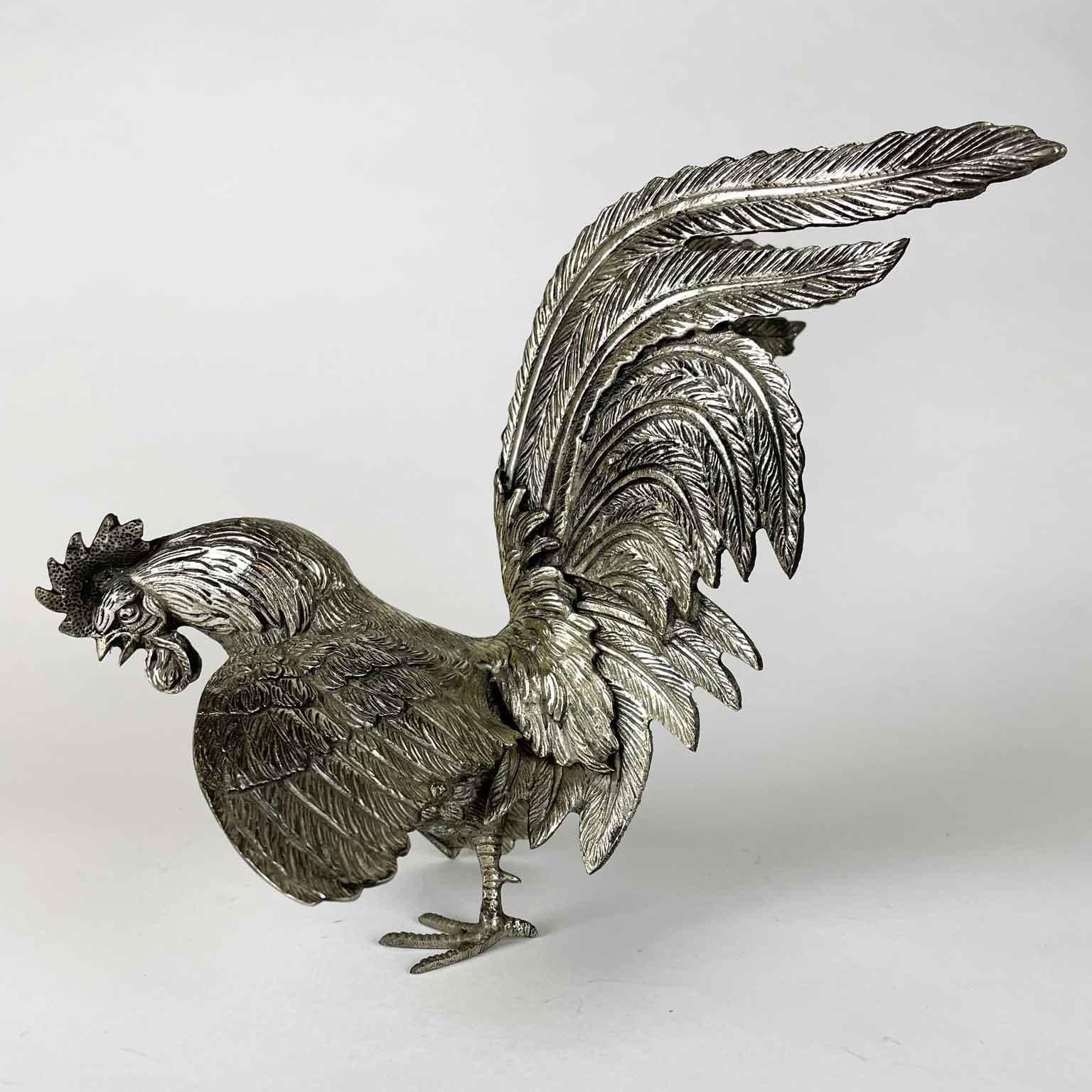 Italian Pair of Rooster Figures 20th Century Art Nouveau Animalier Sculptures For Sale 2