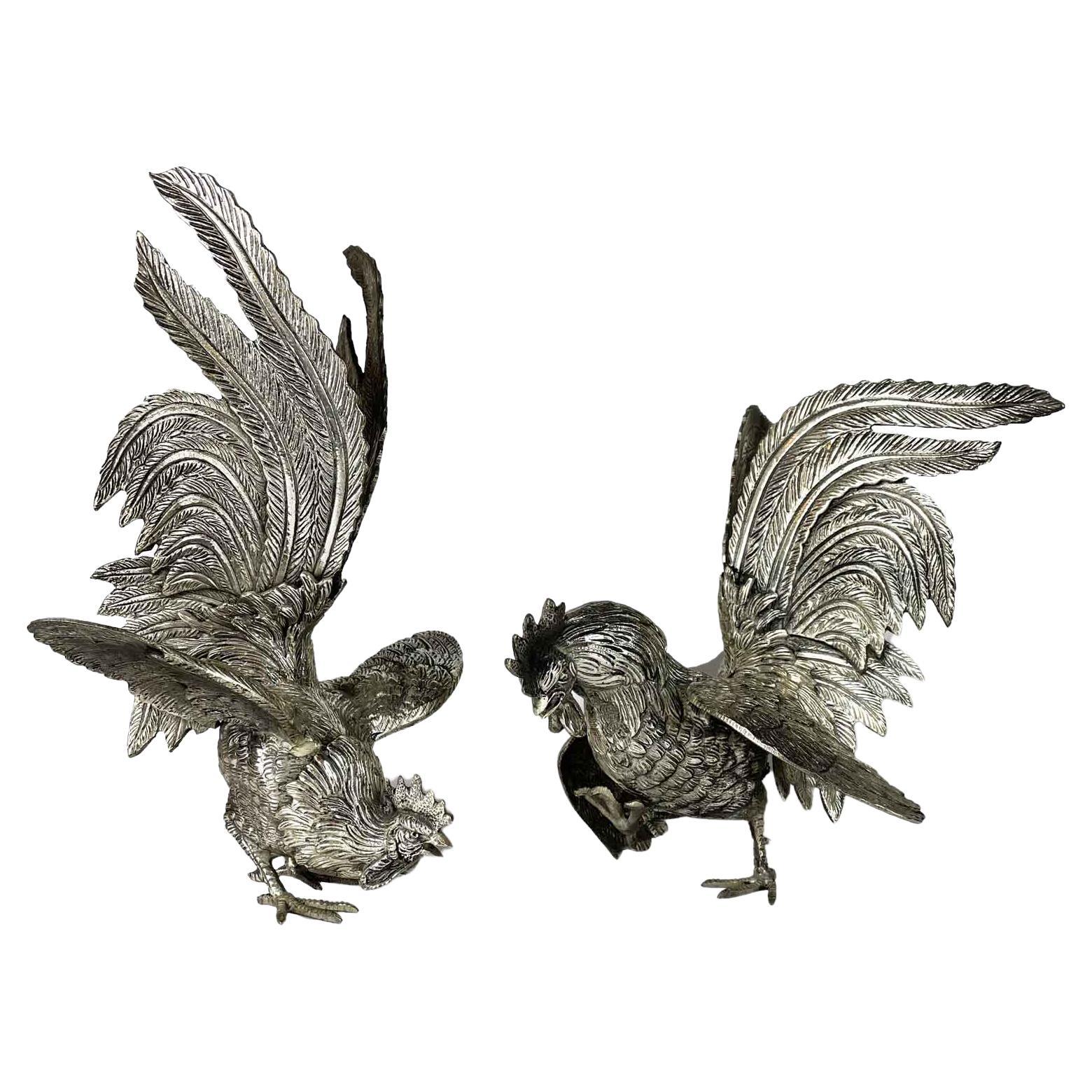 Italian Pair of Rooster Figures 20th Century Art Nouveau Animalier Sculptures For Sale