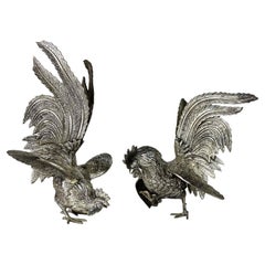 Italian Pair of Rooster Figures 20th Century Art Nouveau Animalier Sculptures