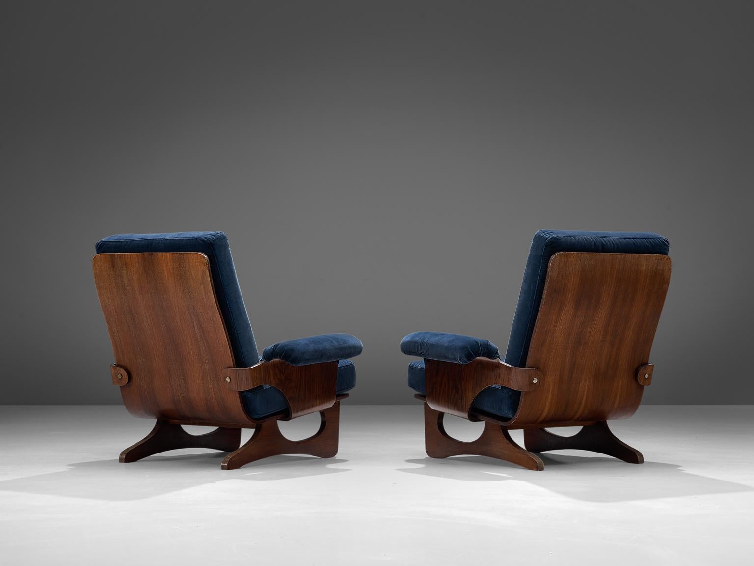 Silvio Cavatorta Pair of Rosewood Lounge Chairs in Blue Velvet In Good Condition In Waalwijk, NL
