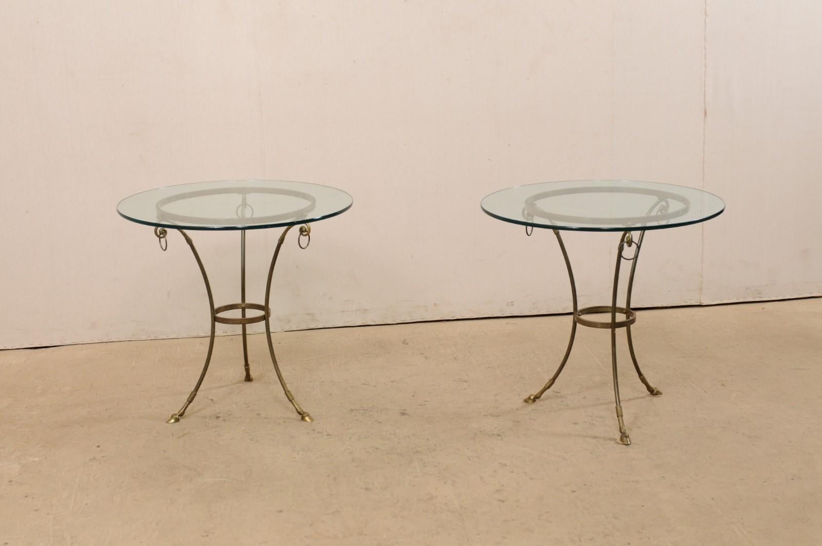 Italian Pair of Round Brass Tables with Hooved Feet and Glass Tops For Sale 5