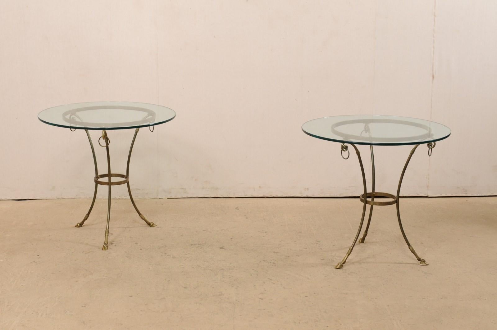 Italian Pair of Round Brass Tables with Hooved Feet and Glass Tops For Sale 6