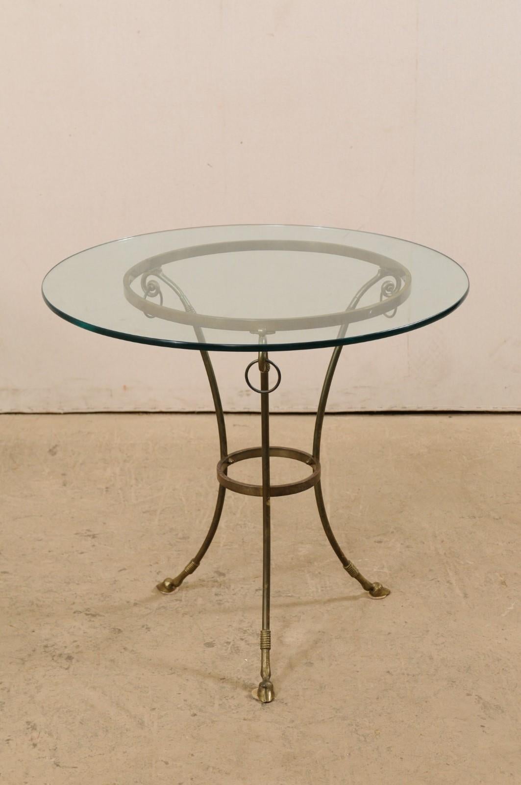 20th Century Italian Pair of Round Brass Tables with Hooved Feet and Glass Tops For Sale