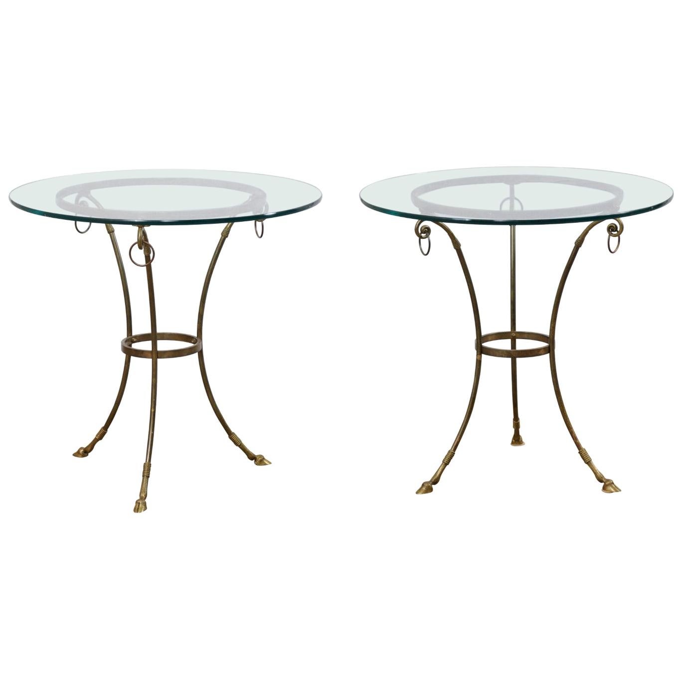 Italian Pair of Round Brass Tables with Hooved Feet and Glass Tops For Sale