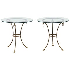 Vintage Italian Pair of Round Brass Tables with Hooved Feet and Glass Tops