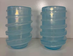 Italian Pair of Sculptural Aquamarine Blue Murano Glass Vases, signed Cenedese