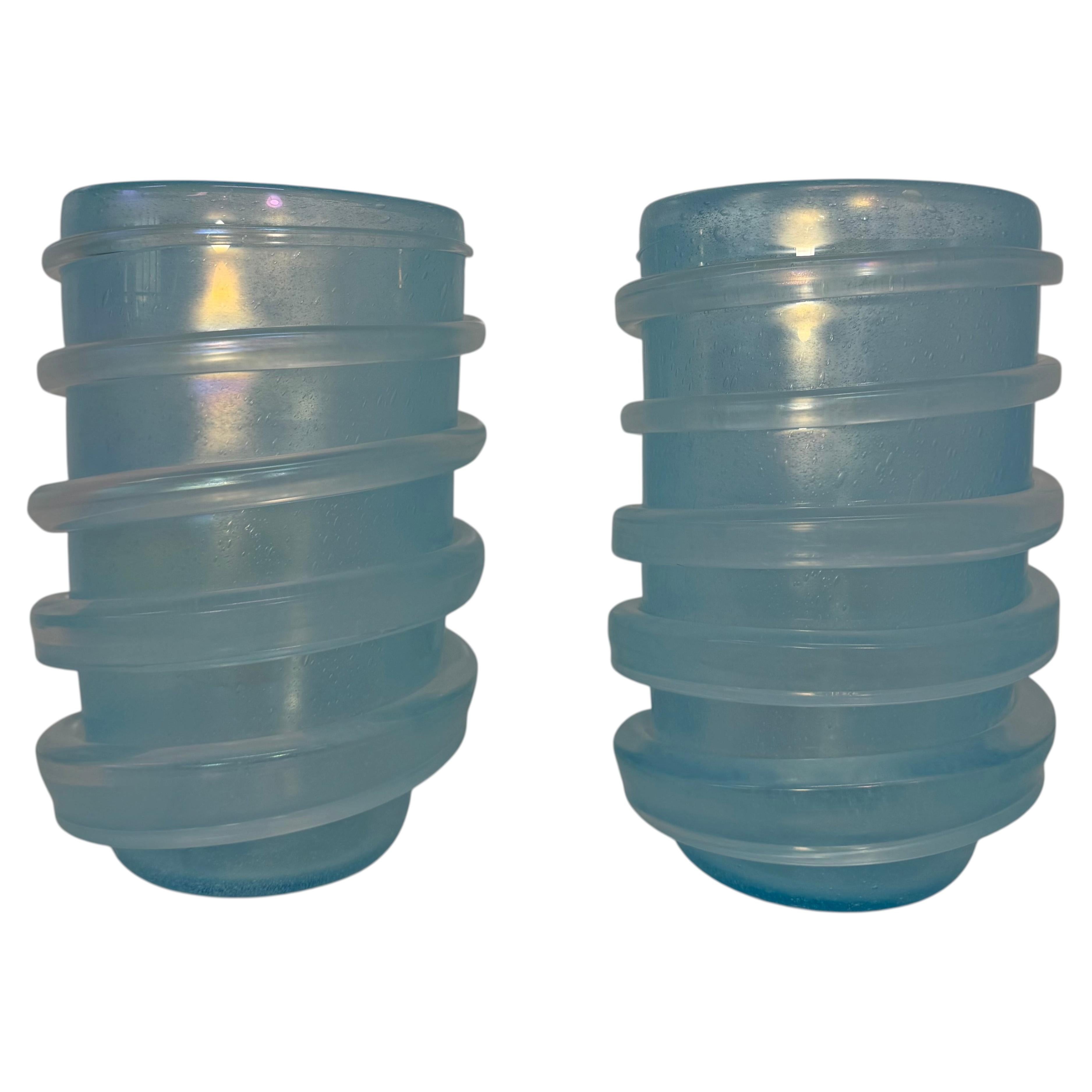 Italian Pair of Sculptural Aquamarine Blue Murano Glass Vases, signed Cenedese
