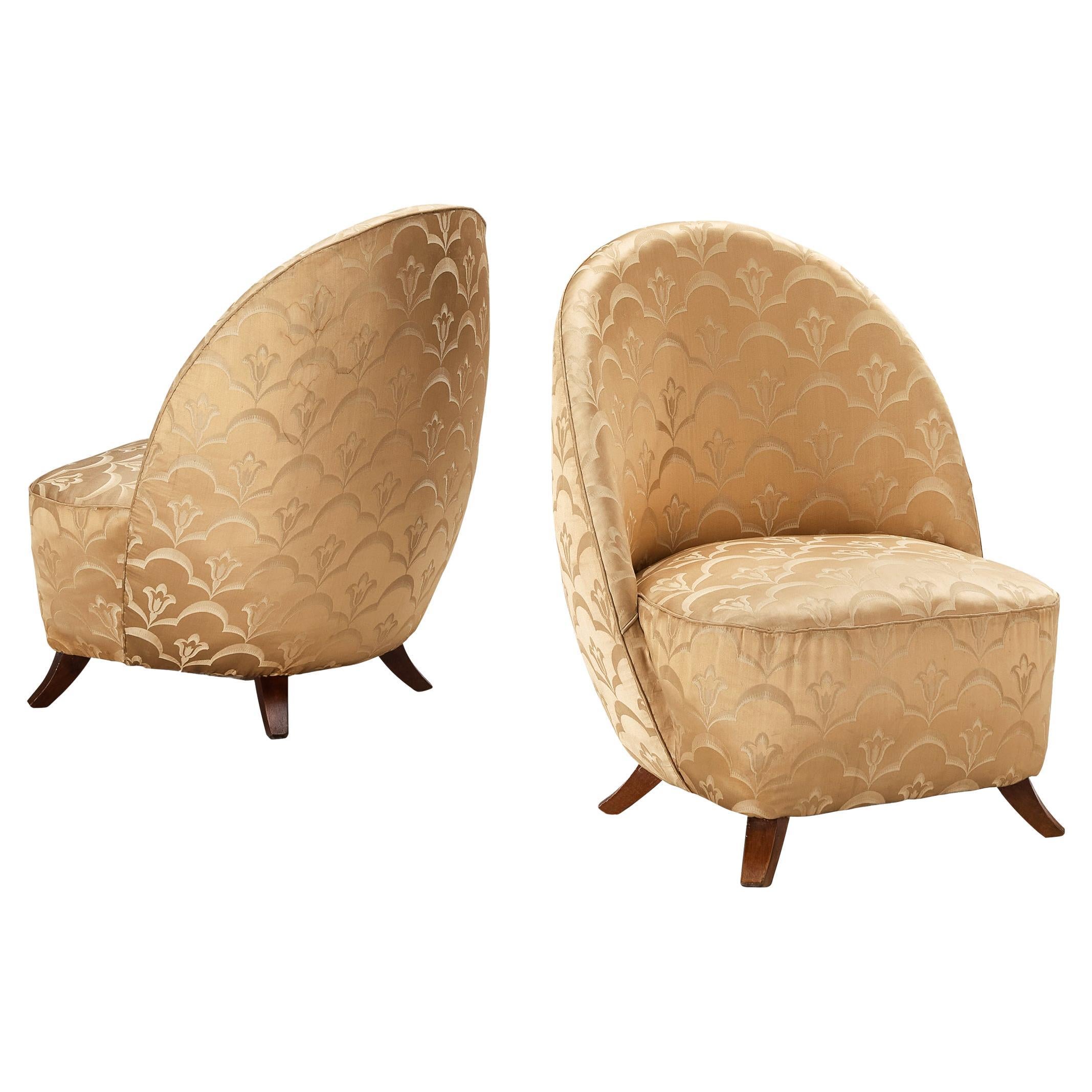 Italian Pair of Sculptural Lounge Chairs in Golden Damask Upholstery