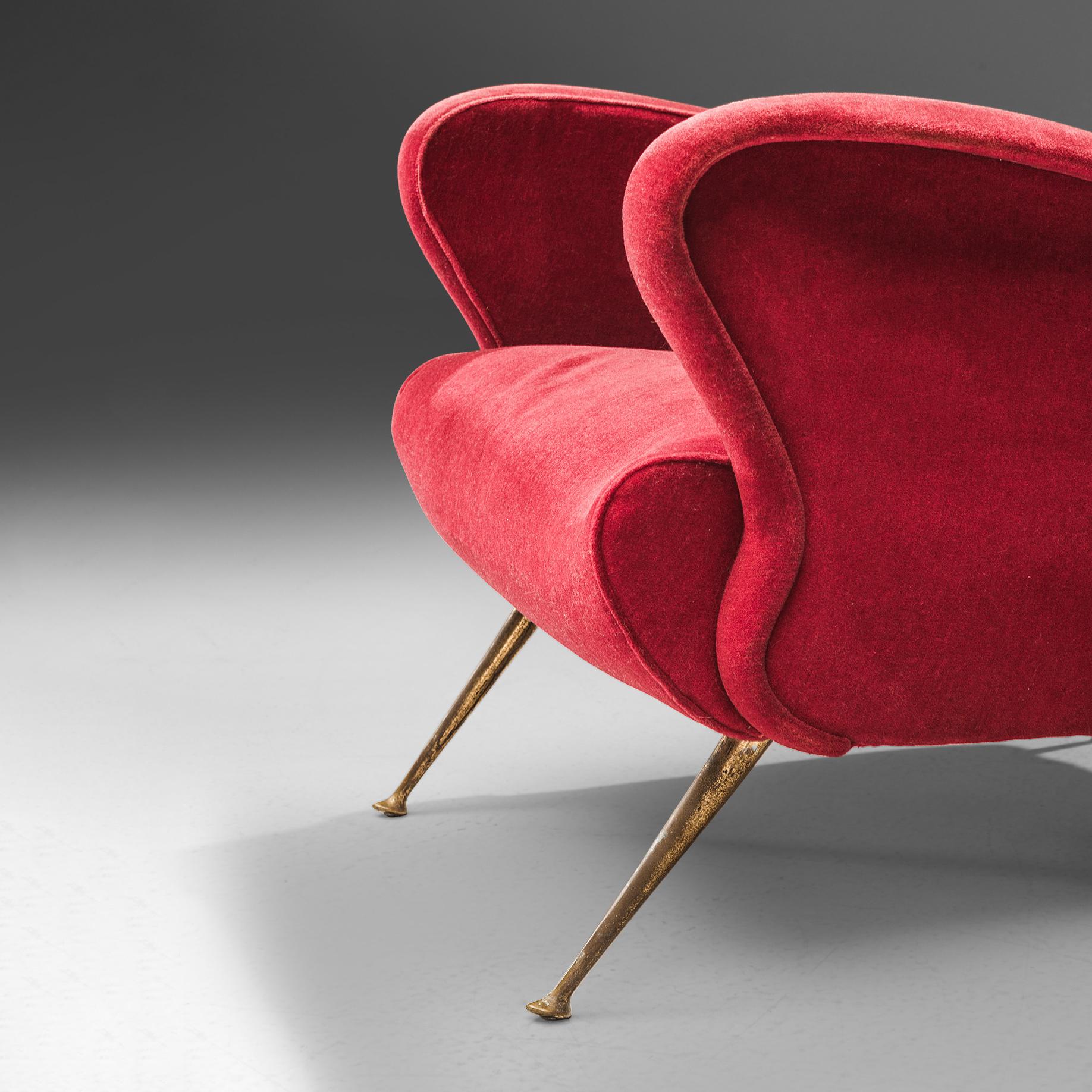 Mid-Century Modern Italian Pair of Sculptural Lounge Chairs in Red Velvet and Brass