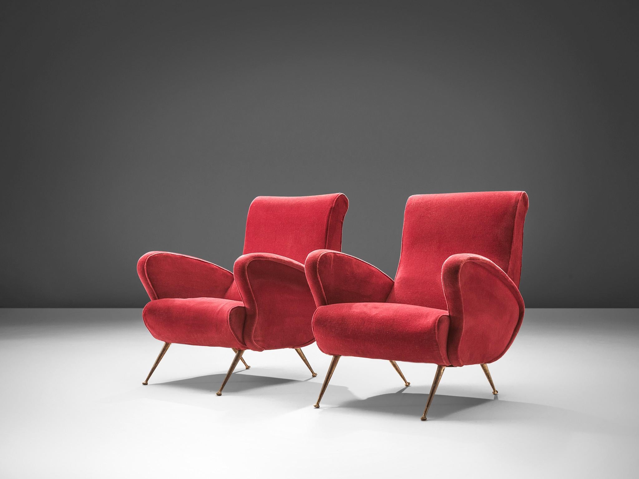 Italian Pair of Sculptural Lounge Chairs in Red Velvet and Brass 2