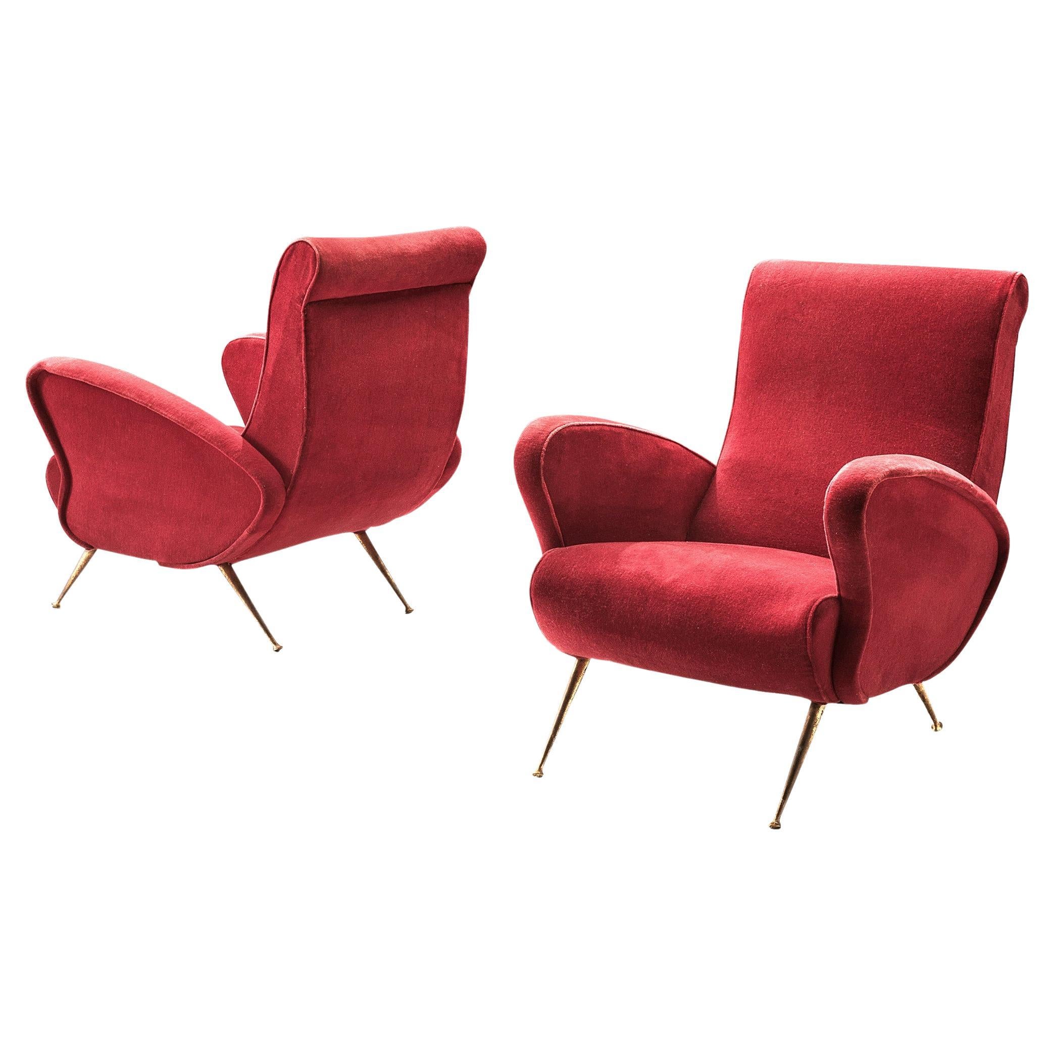 Italian Pair of Sculptural Lounge Chairs in Red Velvet and Brass