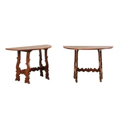 Italian Pair of Shapely-Carved Lyre-Leg Demi-Lune Walnut Console Tables, 19th C.