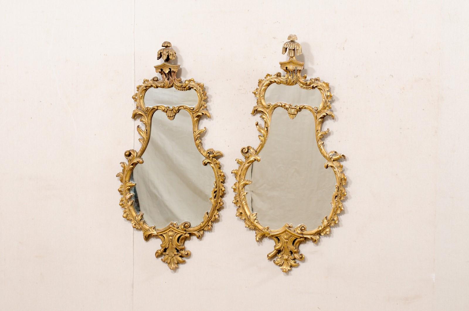 Italian Pair of Shapely Gilt Wood Wall Mirrors, Carved in Rococo Style, Mid 20th In Good Condition For Sale In Atlanta, GA