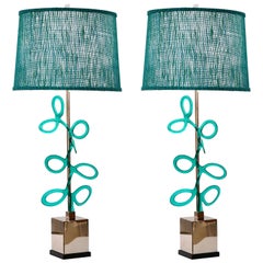 Paire de lampes italiennes en nickel de couleur argent avec torsades en verre de Murano bleu turquoise