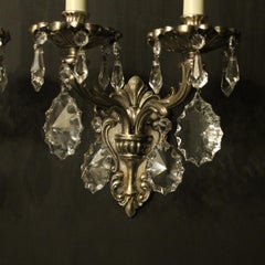 Italian Pair of Silver Gilded and Crystal Antique Wall Lights