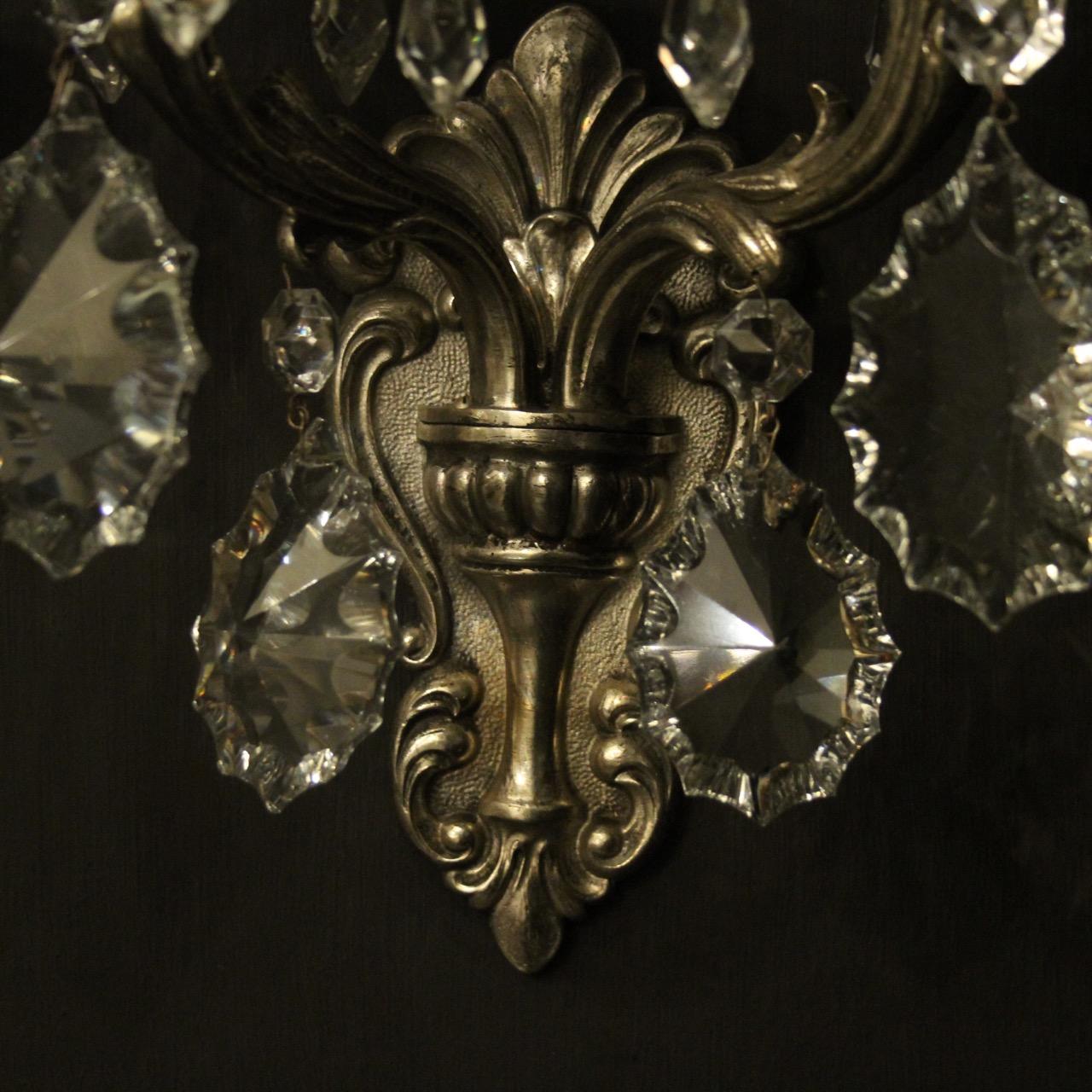 Baroque Italian Pair of Silver Gilded and Crystal Antique Wall Lights