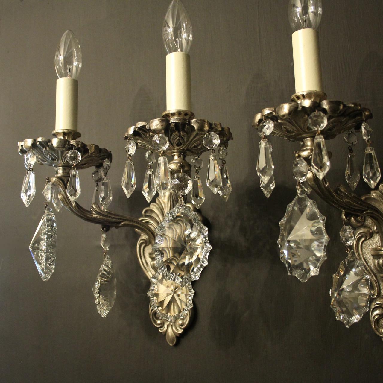 Silvered Italian Pair of Silver Gilded and Crystal Antique Wall Lights