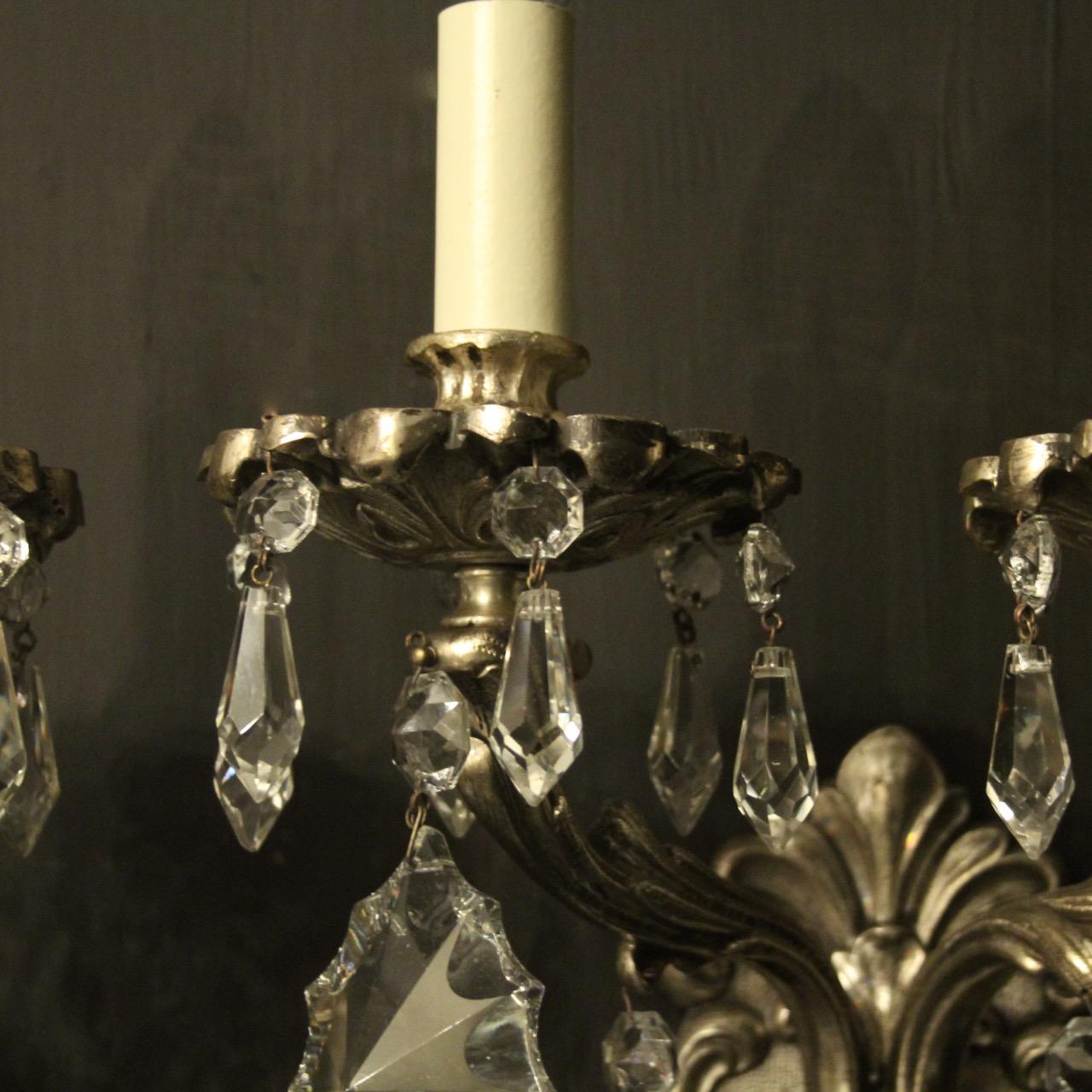 Italian Pair of Silver Gilded and Crystal Antique Wall Lights In Fair Condition In Chester, GB