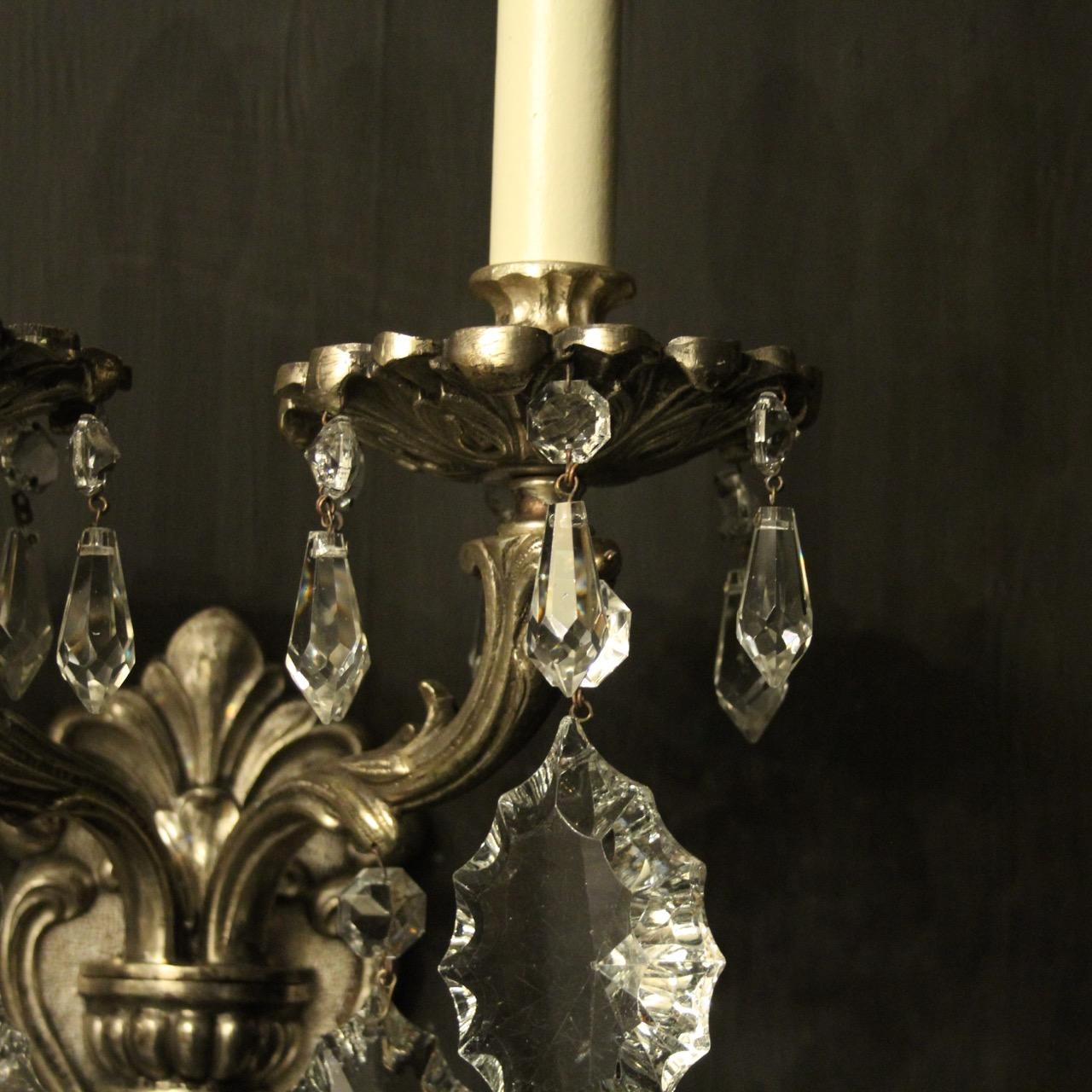 Brass Italian Pair of Silver Gilded and Crystal Antique Wall Lights