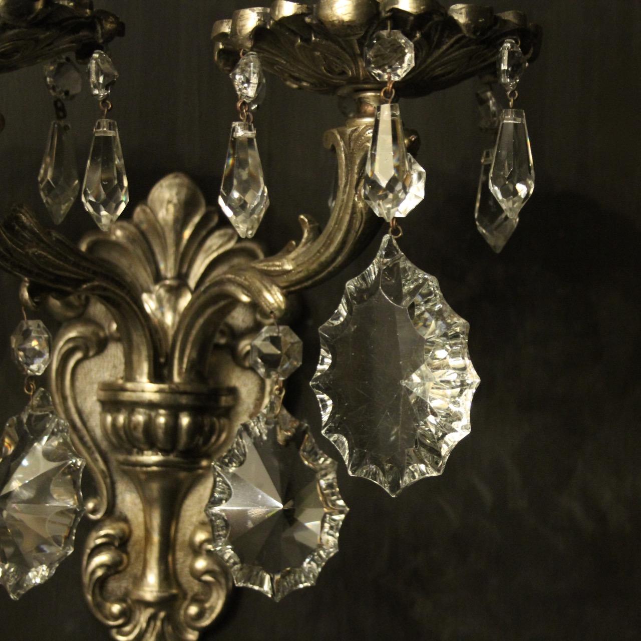 Italian Pair of Silver Gilded and Crystal Antique Wall Lights 1