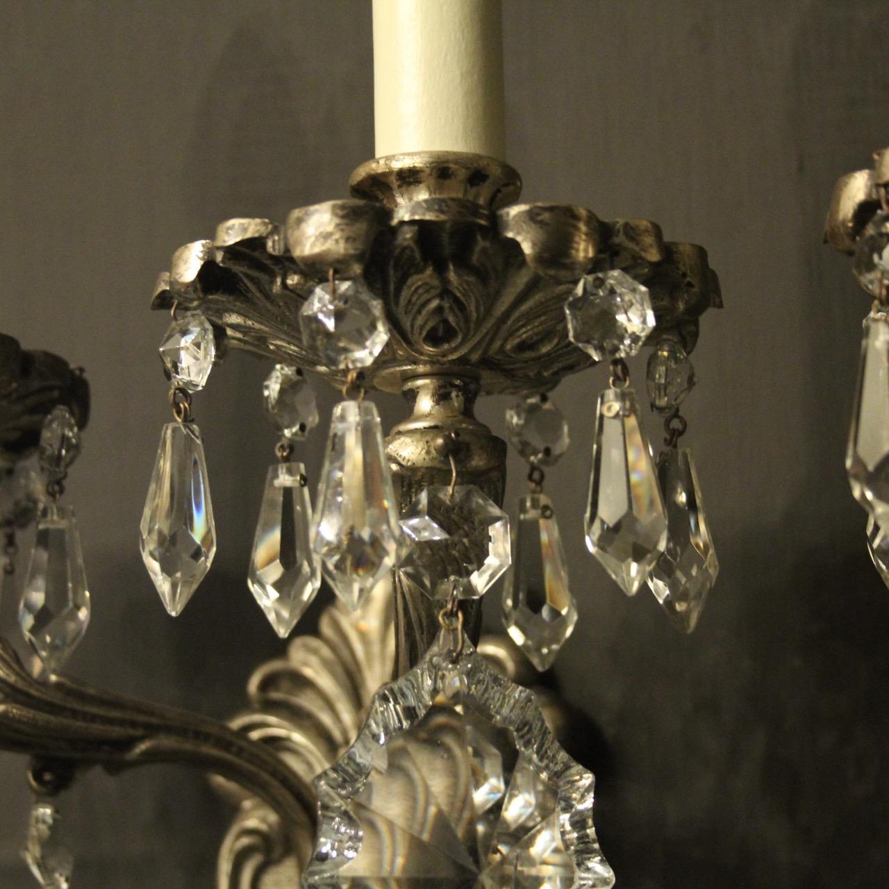 Italian Pair of Silver Gilded and Crystal Antique Wall Lights 2